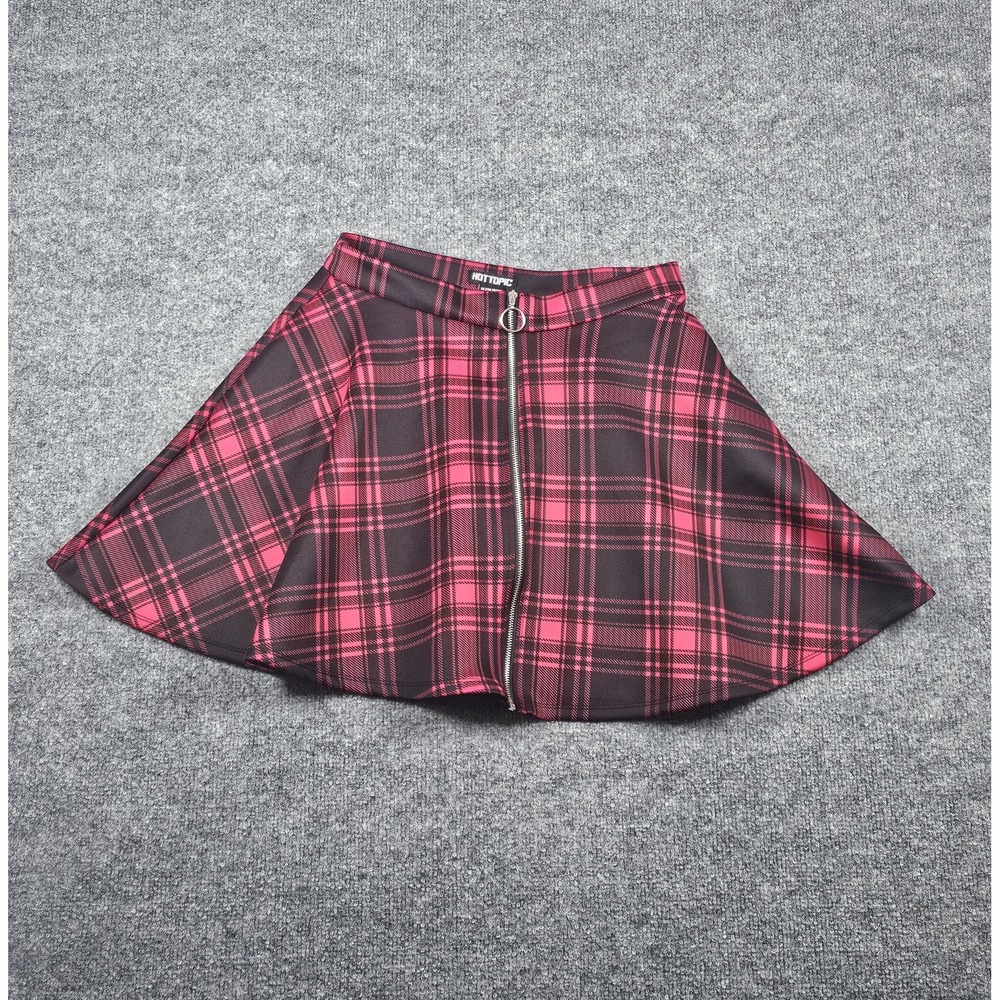 Hot Topic Red Black Plaid Flare Skirt O-Ring Zipper Pockets S Goth Swing Skater